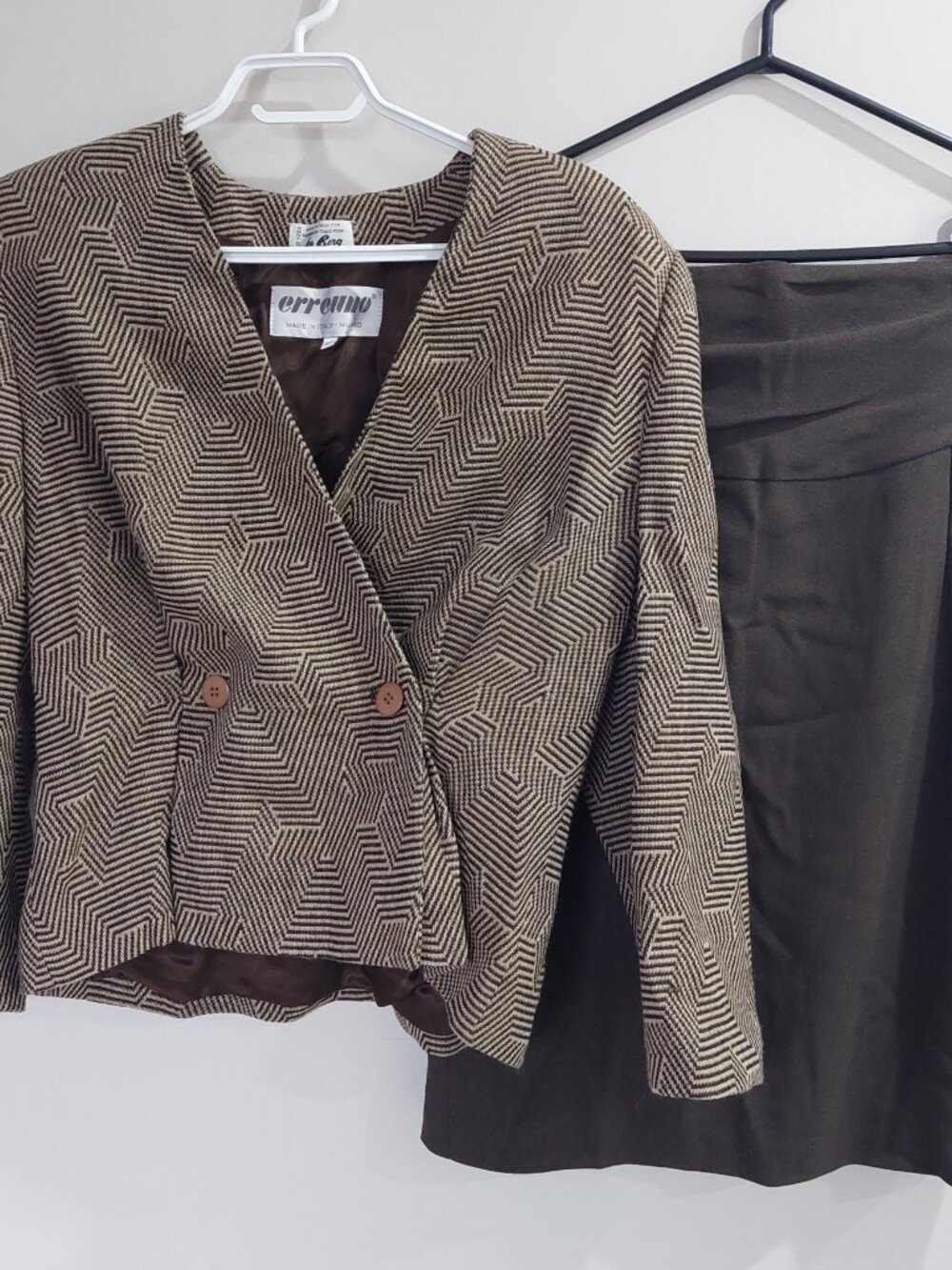 ERREUNO Italy Wool Patterned Brown Double Breasted Blazer Skirt Set US10 IT46